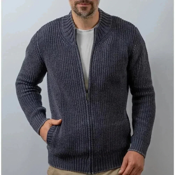NWT Williams & Kent Men's Medium Cotton Blue Full Zip‎ Knit Collar Sweater - Picture 1 of 13